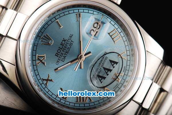 Rolex Datejust Swiss ETA 2836 Automatic Movement Full Steel with Silver Roman Markers and Blue Dial - Click Image to Close